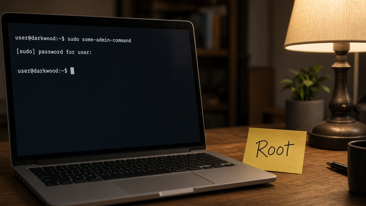 ترمینال sudo و استیکی Root کنار لامپ
