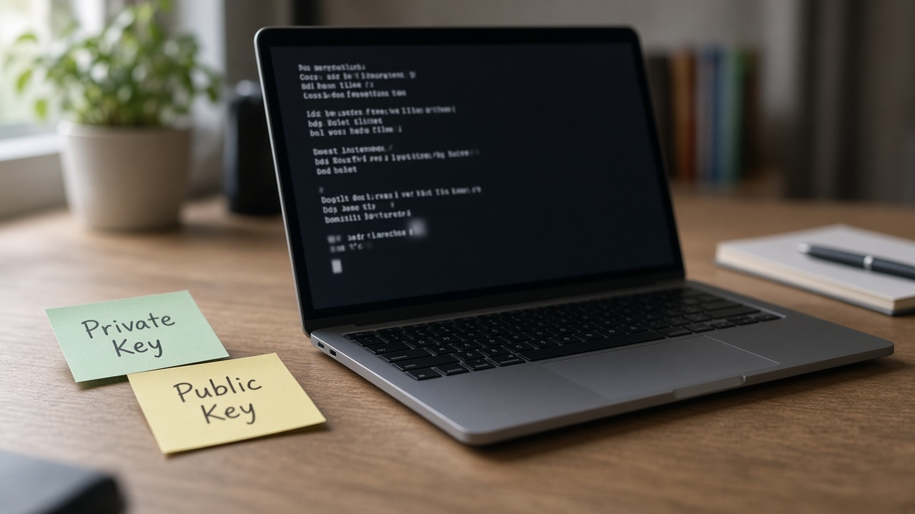 استیکی Private Key و Public Key کنار لپتاپ