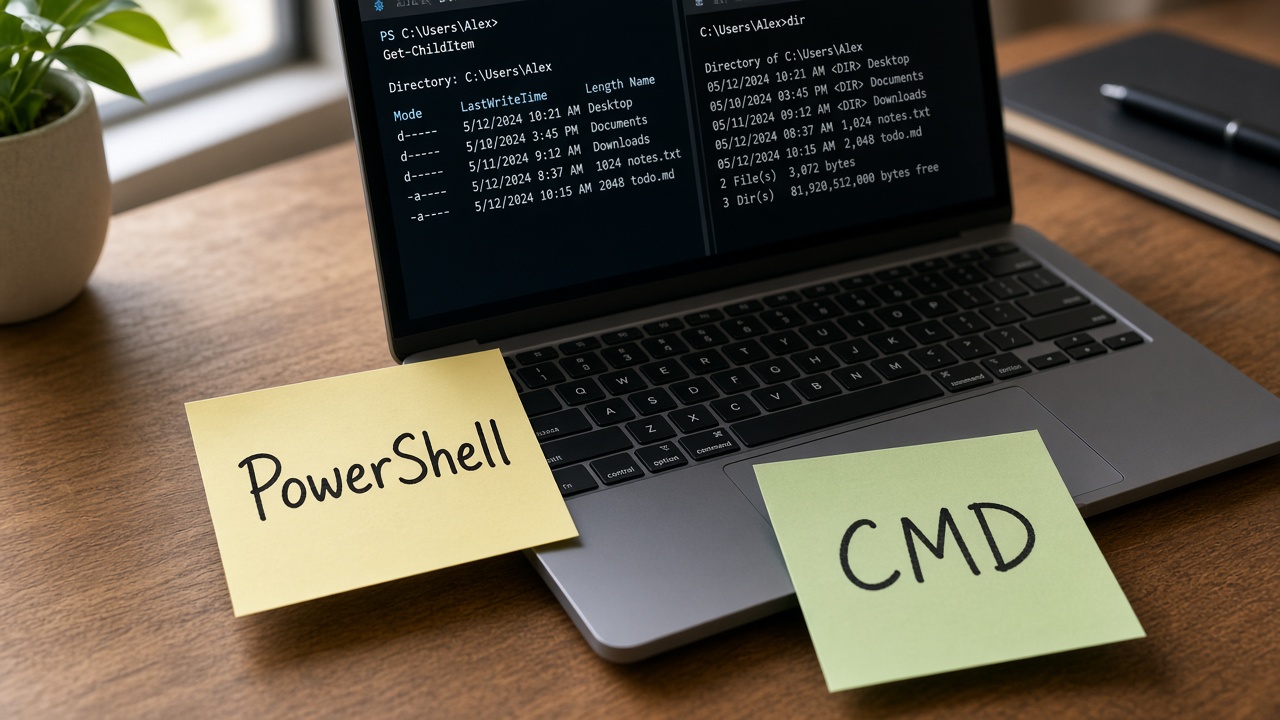 دو پنجره PowerShell و CMD با استیکی