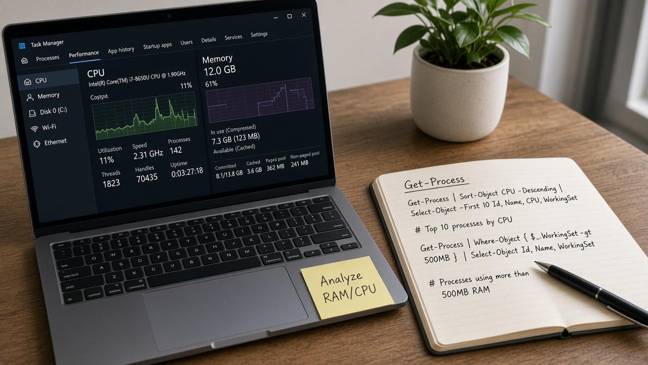 Task Manager Performance با استیکی Analyze RAM/CPU