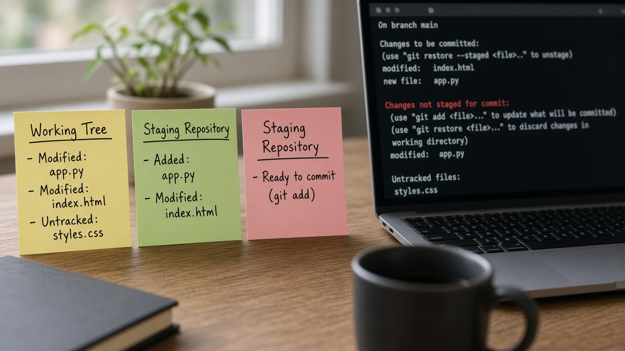 سه ستون استیکی کنار خروجی git status