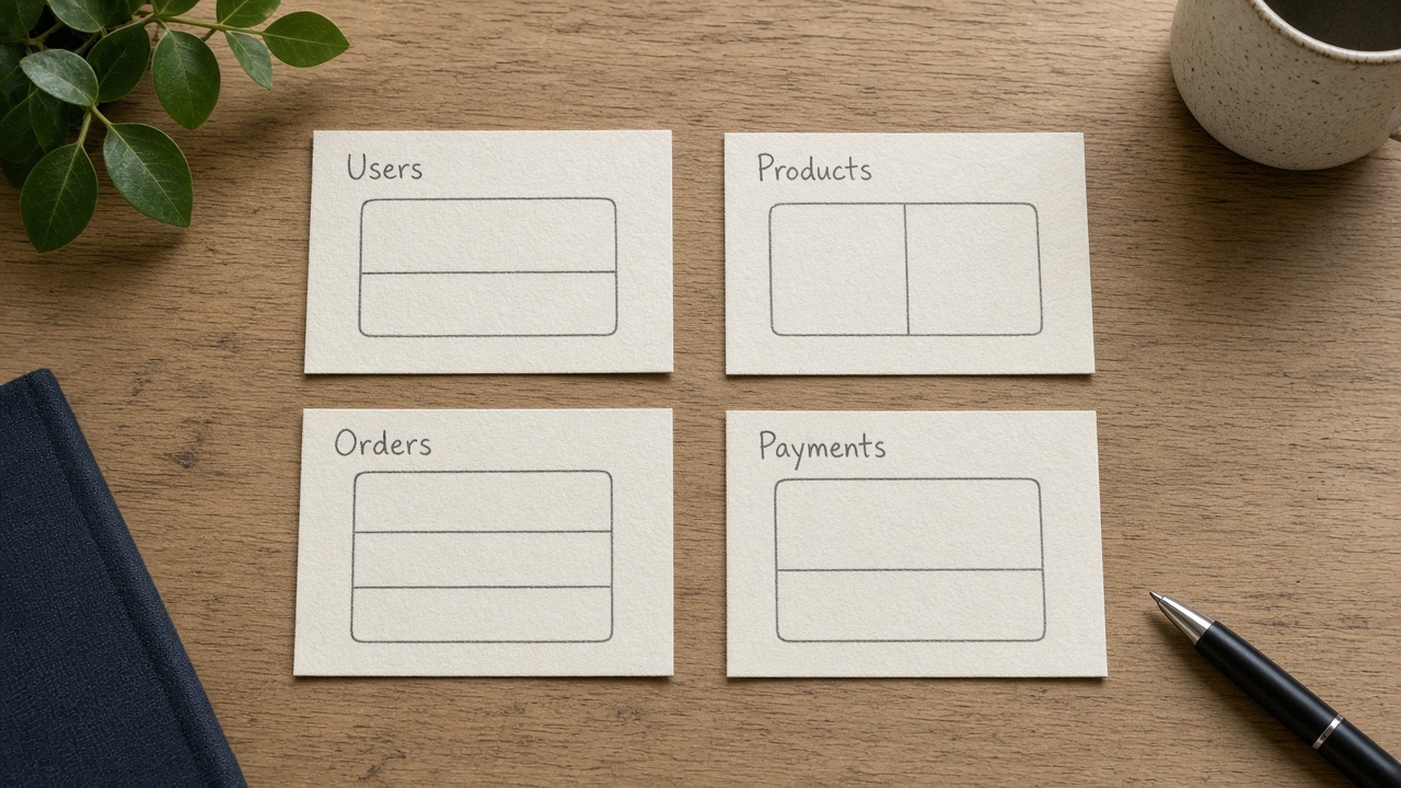 چهار کارت Users Products Orders Payments روی میز چوبی از بالا