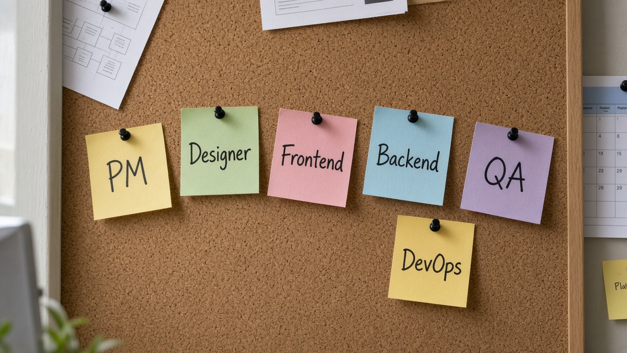 چسبیادداشتهای PM Designer Frontend Backend QA DevOps روی تابلوی چوبپنبهای