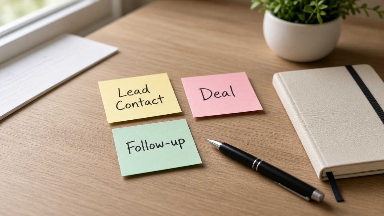 چسب‌یادداشت‌های Lead Contact Deal Follow-up روی میز چوبی