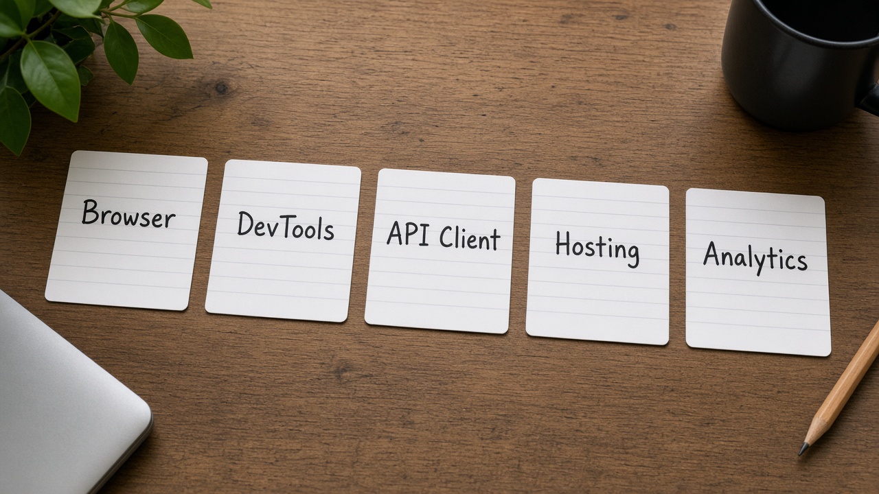 کارت‌های Browser DevTools API Client Hosting Analytics روی میز