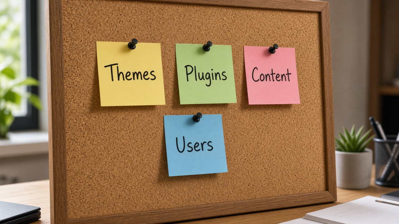 چسبیادداشت Themes Plugins Content Users روی تابلوی چوبپنبهای
