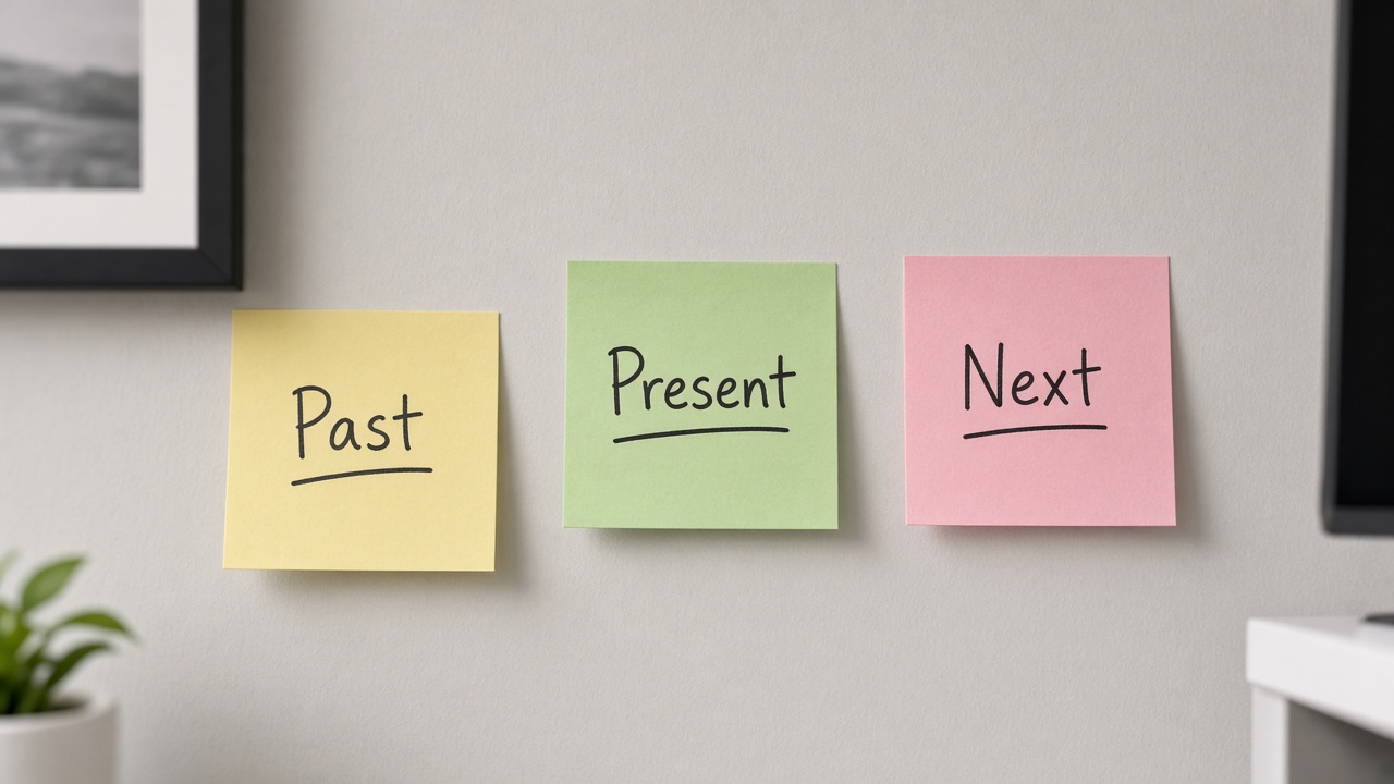 سه چسبیادداشت Past Present Next روی دیوار