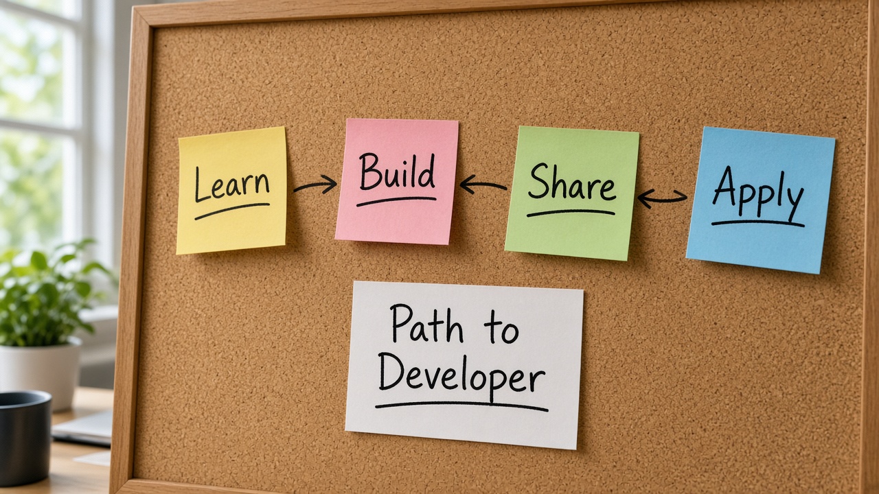 چسب‌یادداشت Learn Build Share Apply با کارت Path to Developer