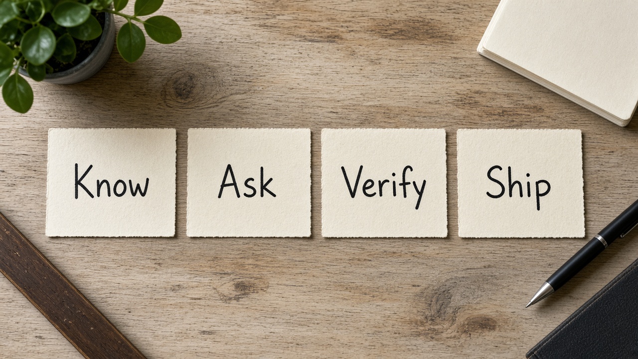 کارت‌های Know Ask Verify Ship روی میز