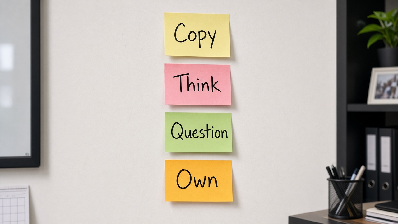 چسب‌یادداشت Copy Think Question Own روی دیوار