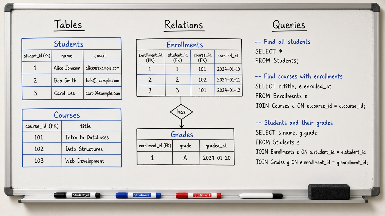 وایتبرد Tables Relations Queries با نمونه SQL