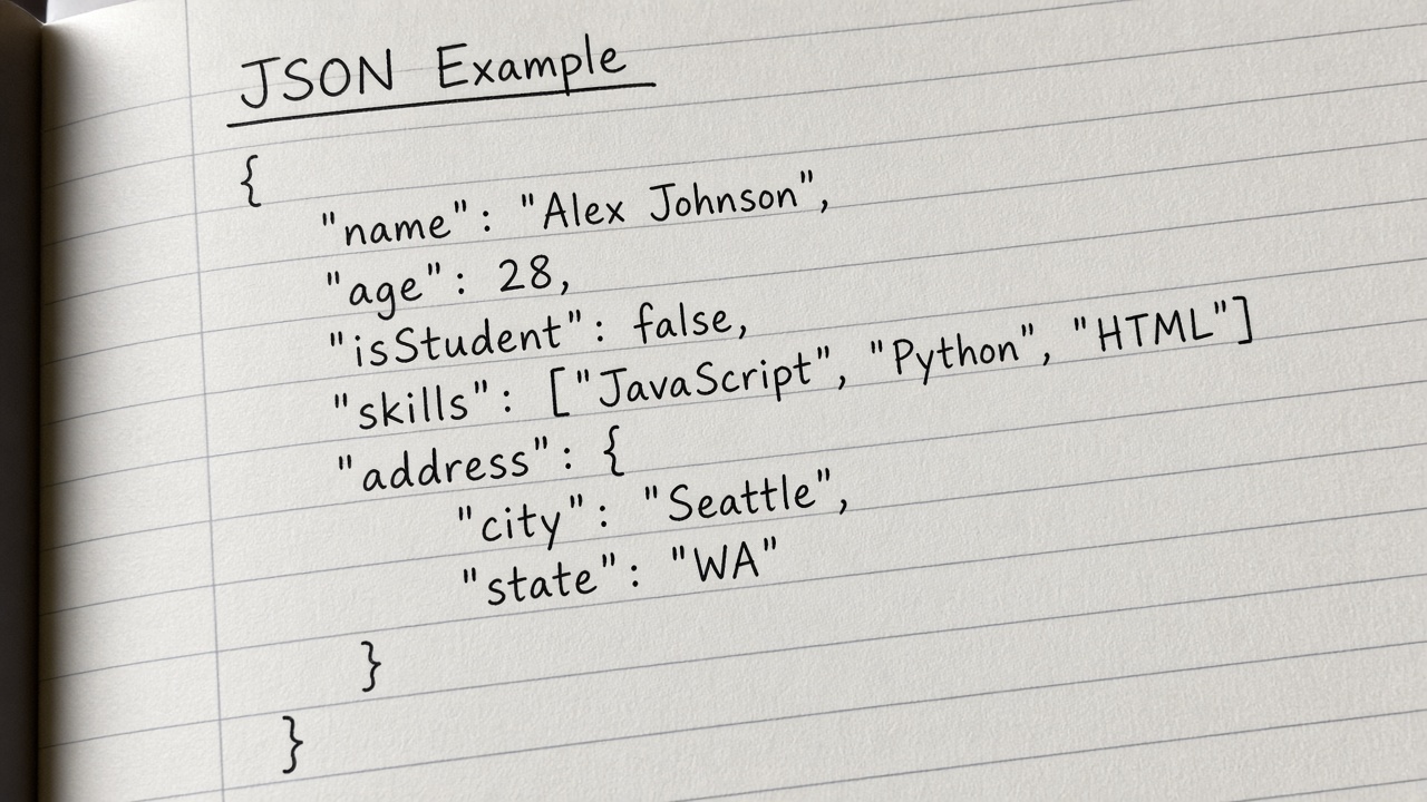 نمونه JSON دست‌نویس در دفترچه