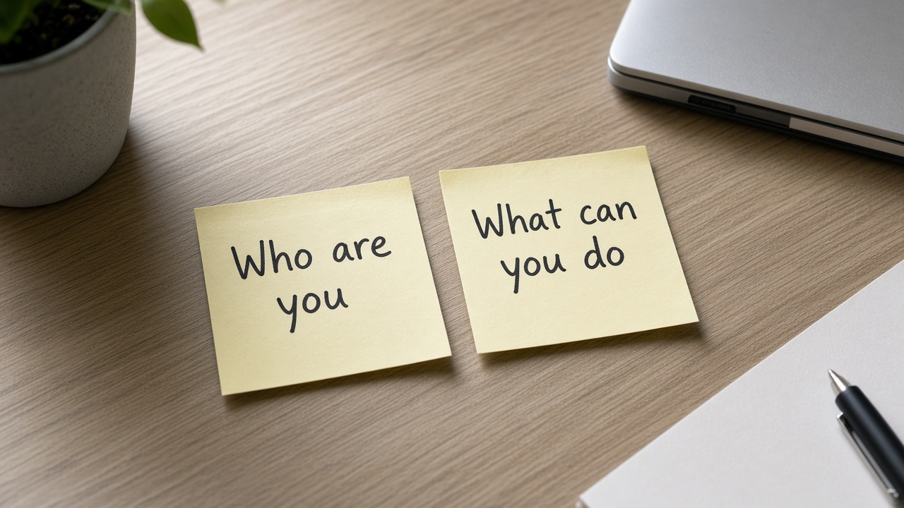 دو برچسب Who are you و What can you do روی میز