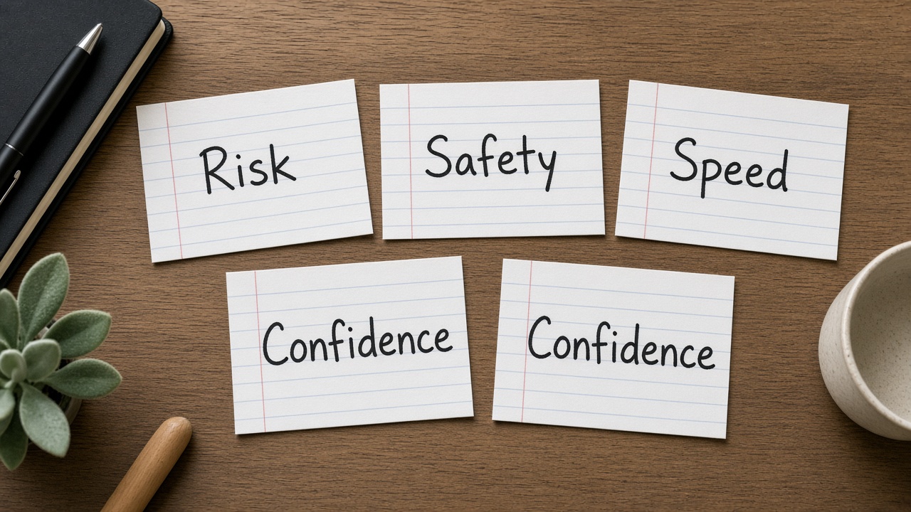 کارت‌های Risk Safety Speed Confidence روی میز