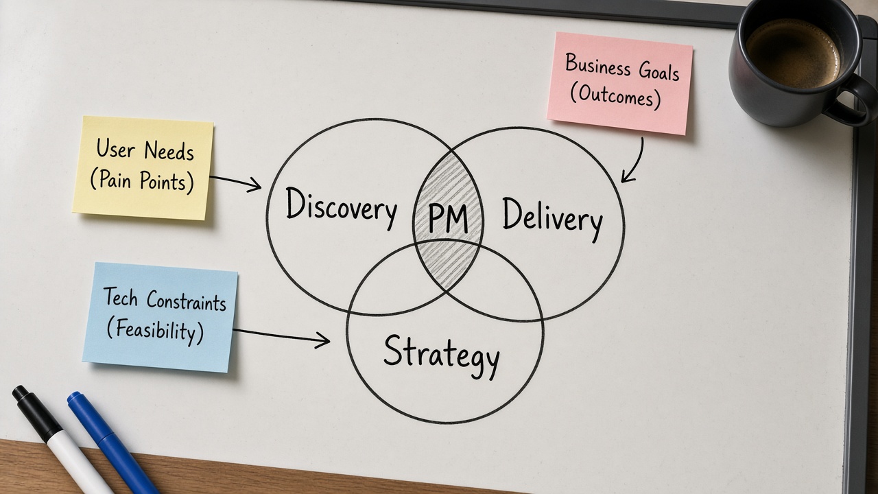 وایت‌برد با دایره‌های متقاطع Discovery Delivery Strategy و برچسب PM