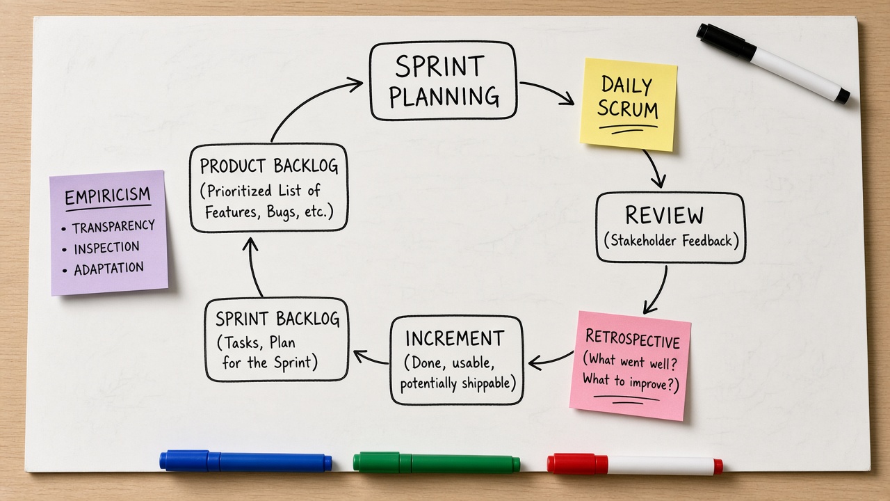 وایتبرد چرخه Scrum با Product Backlog و Increment