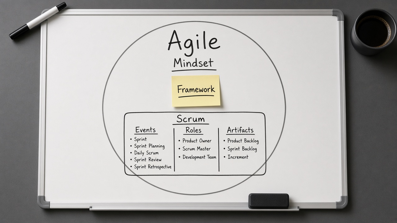 وایت‌برد دایره Agile با چارچوب Scrum داخل آن