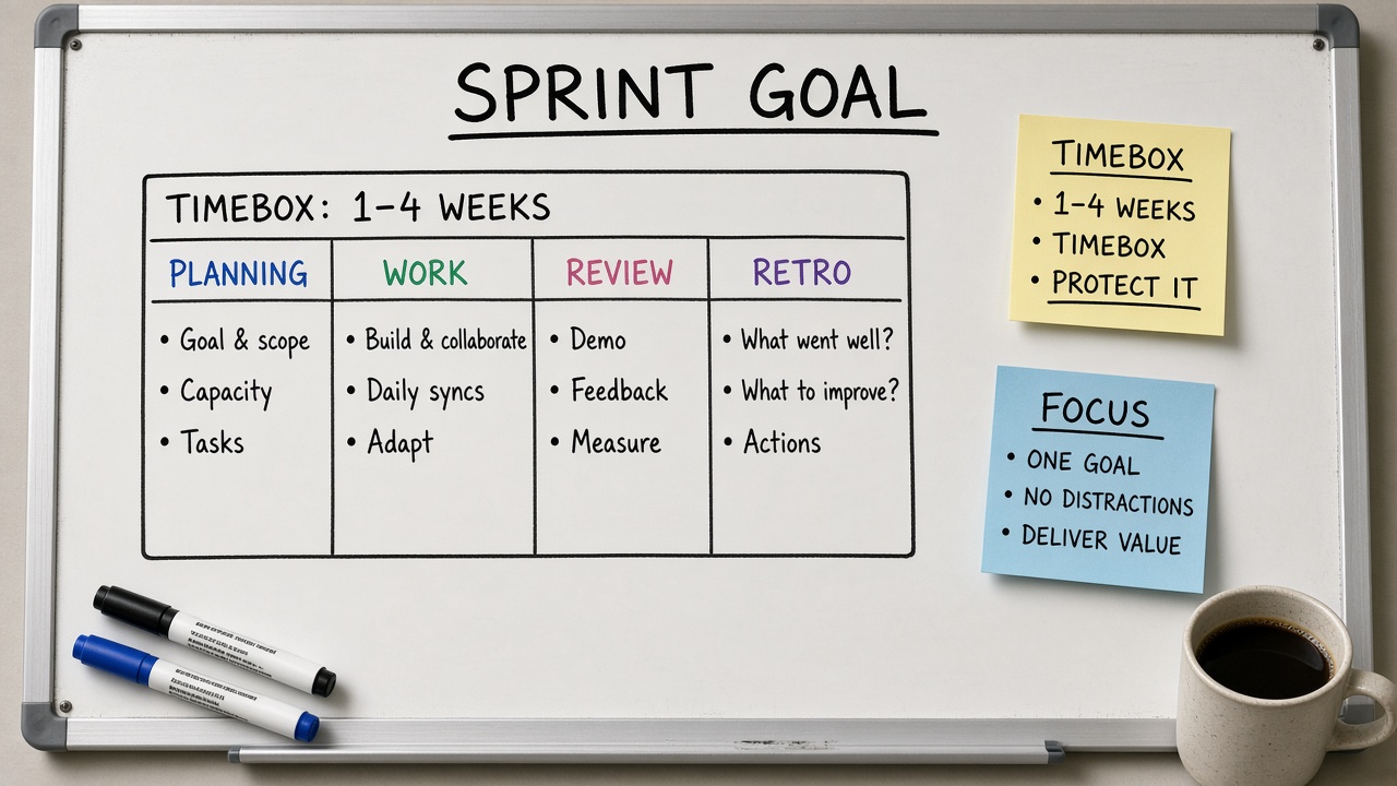 وایتبرد Timebox با ستونهای Planning Work Review Retro