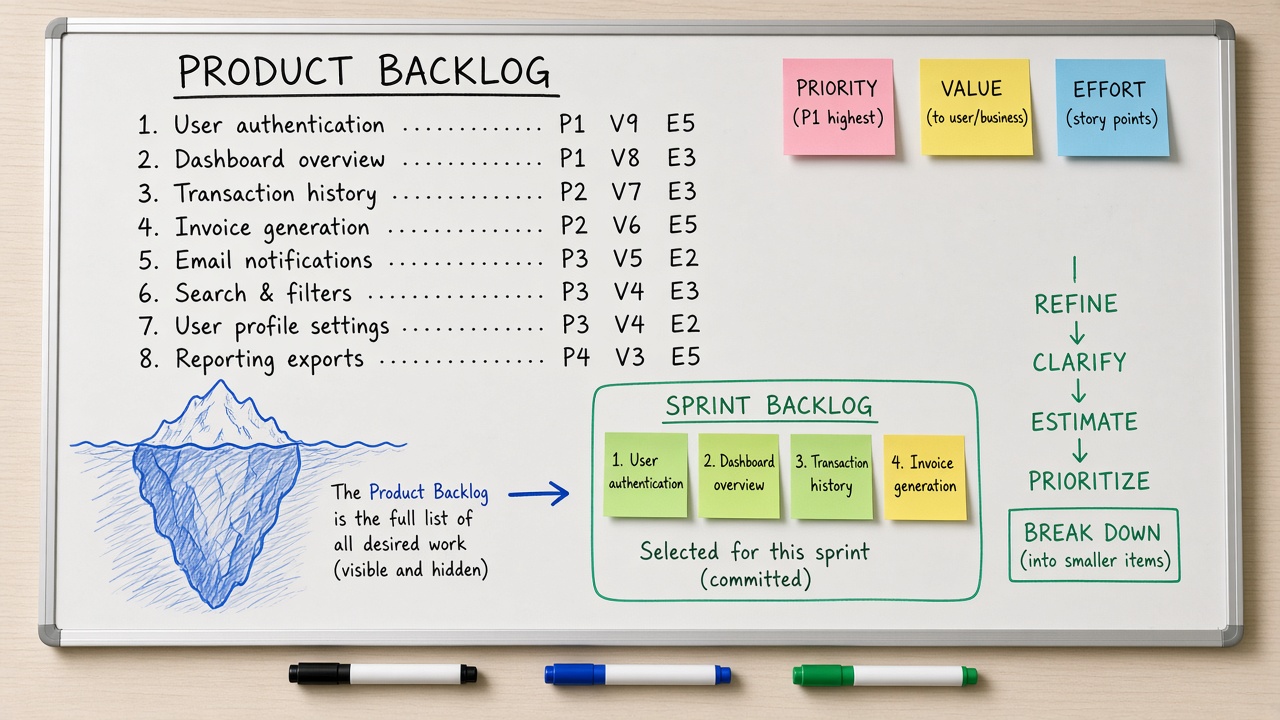 وایت‌برد Product Backlog به Sprint Backlog با Priority Value Effort