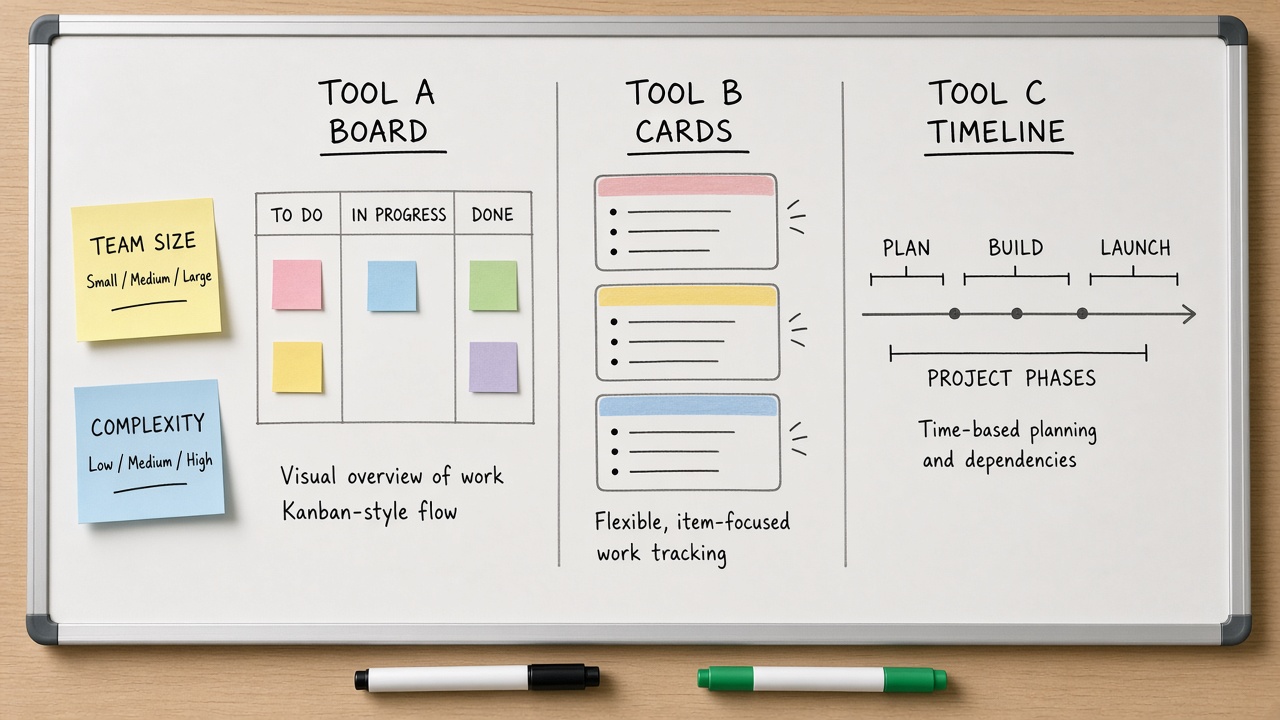 وایتبرد مقایسه Tool A Board و Tool B Cards و Tool C Timeline