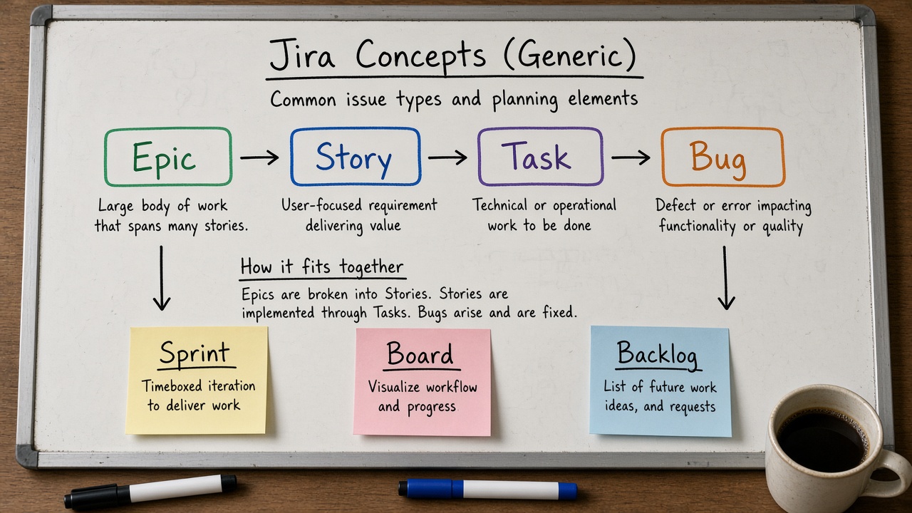 وایت‌برد مفاهیم Epic Story Task Bug و Sprint Board Backlog