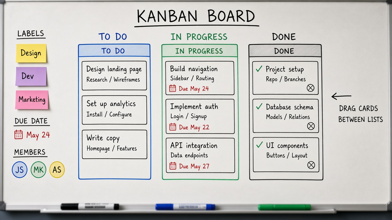 وایت‌برد Kanban با لیست‌ها و کارت‌ها و Labels