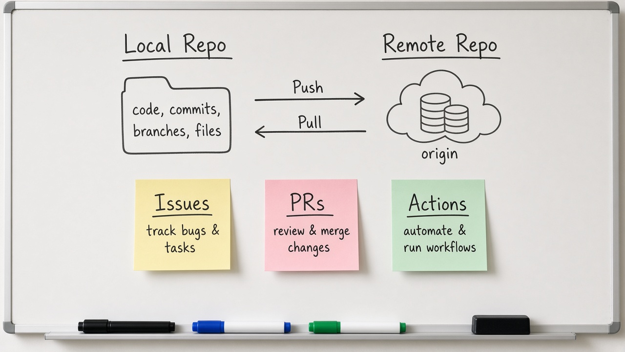 وایتبرد Local و Remote با Push و Pull و Issues PRs Actions