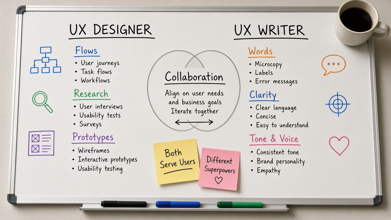 وایت‌برد مقایسه UX Designer و UX Writer با Collaboration