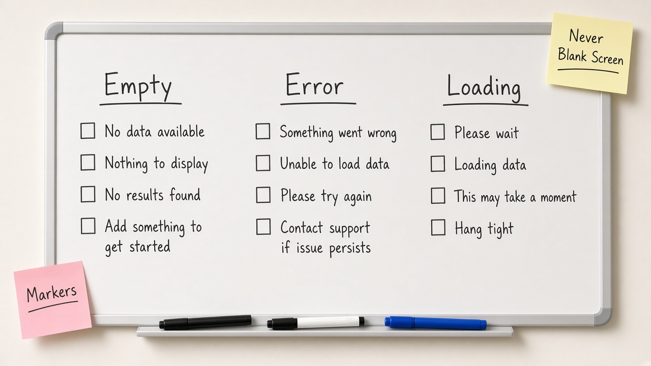 وایت‌برد سه ستون Empty Error Loading با Never Blank Screen