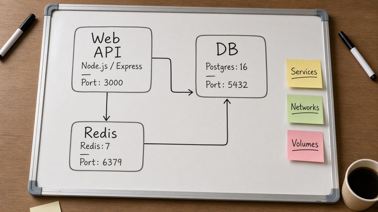 وایتبرد Web API و Redis و DB با Services Networks Volumes