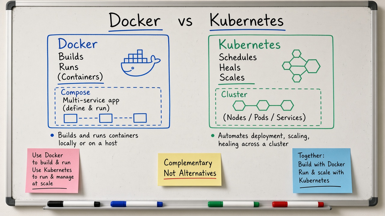 وایت‌برد Docker vs Kubernetes با Complementary Not Alternatives