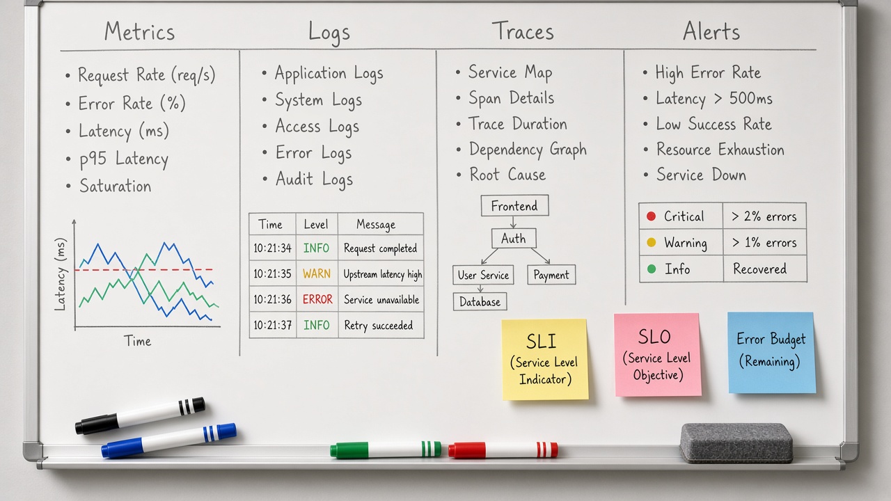 وایت‌برد Metrics Logs Traces Alerts با SLI SLO
