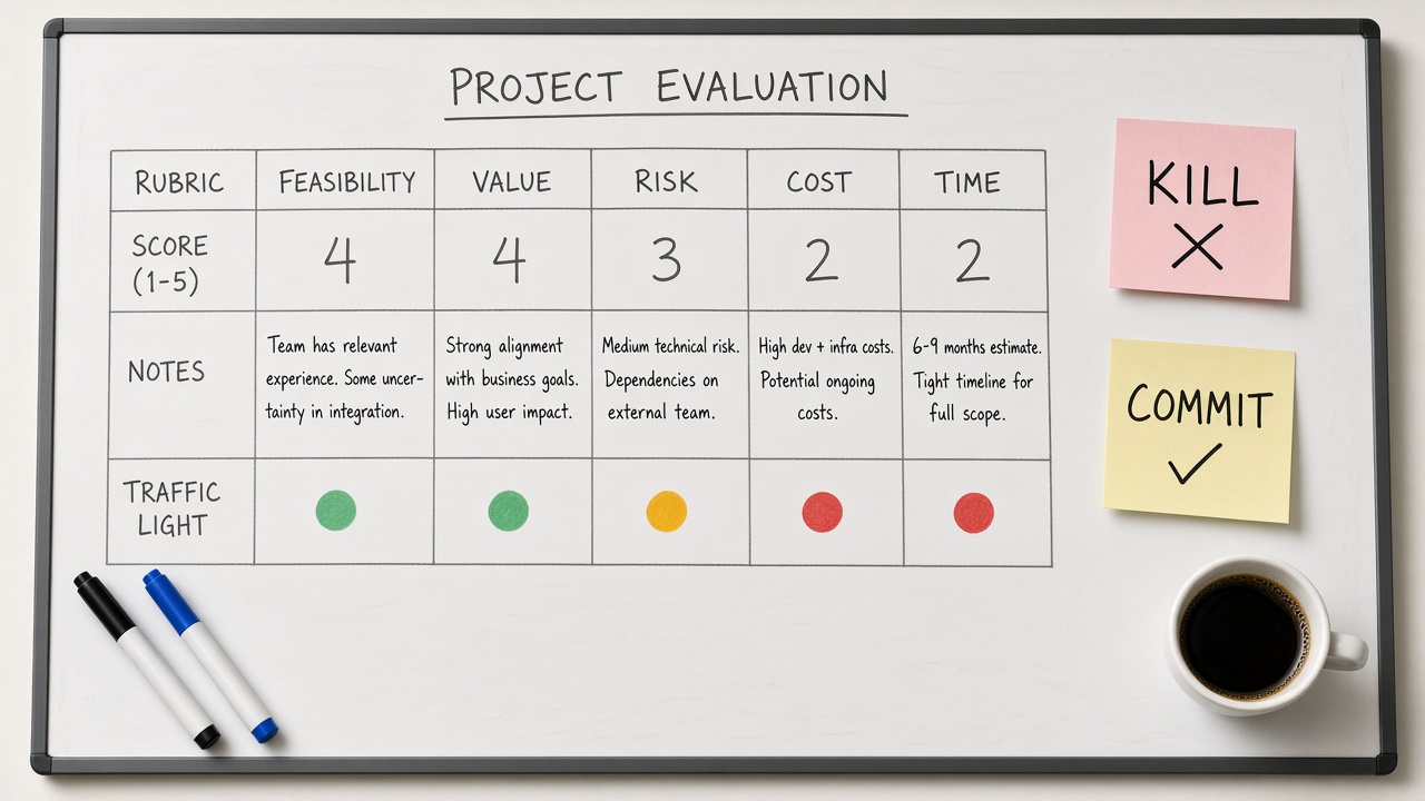 وایت‌برد روبریک Feasibility Value Risk Cost Time با Kill یا Commit