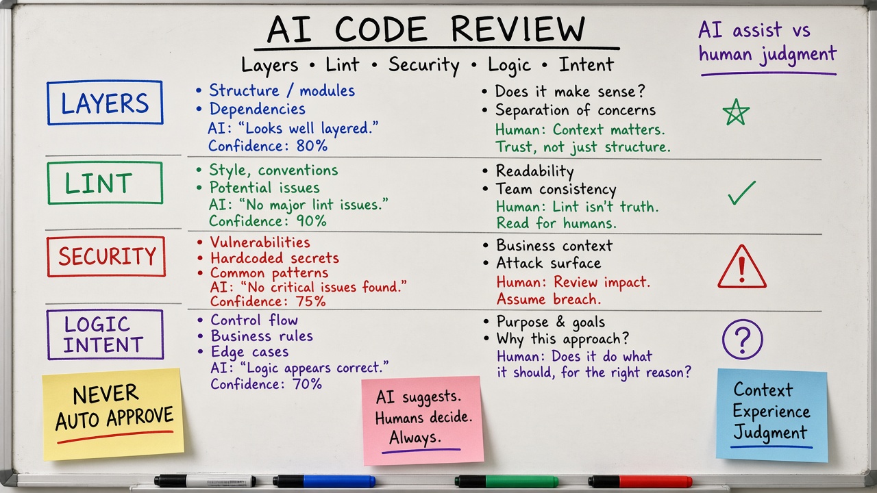 وایت‌برد لایه‌های AI Code Review با Never Auto Approve