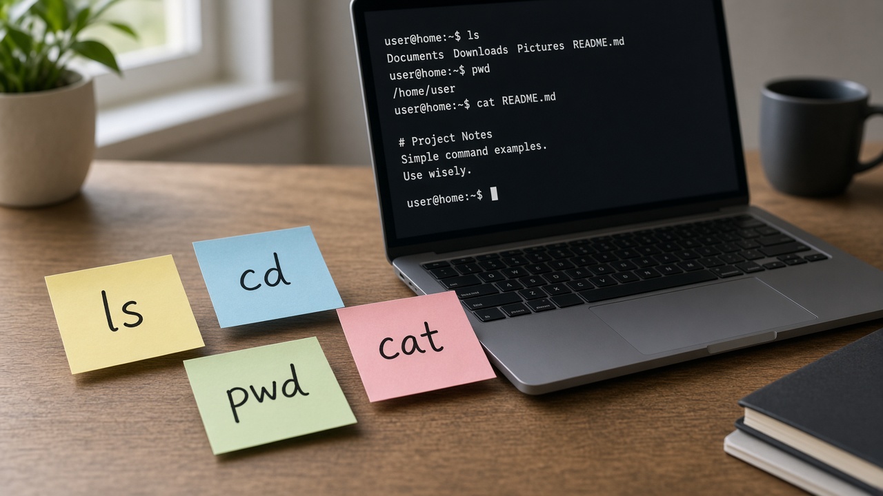 استیکینوت دستورات ls cd pwd cat کنار لپتاپ