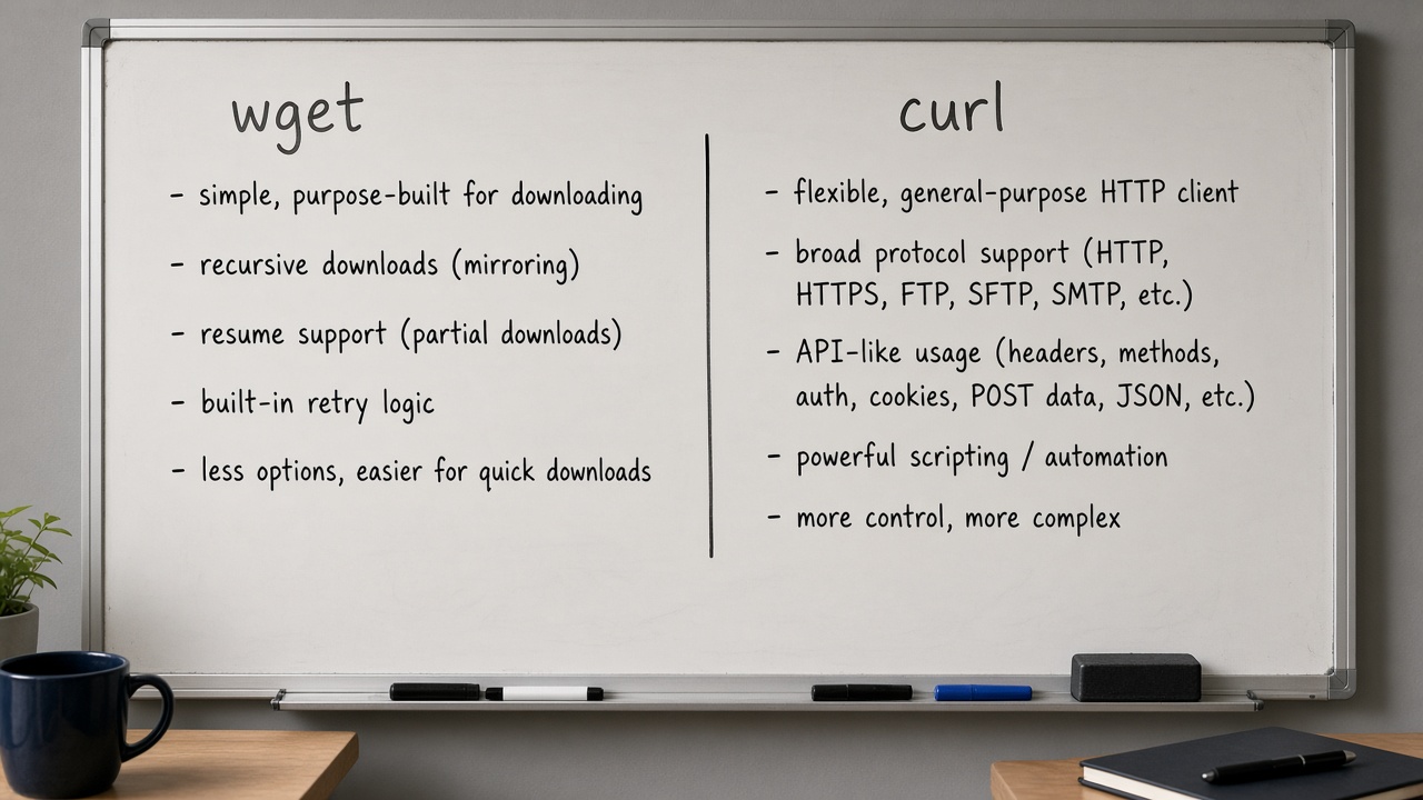 مقایسه دوستونه wget و curl روی وایت‌برد