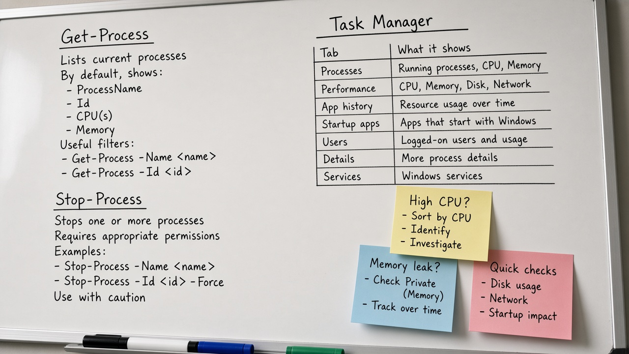 Get-Process Stop-Process و تبهای Task Manager