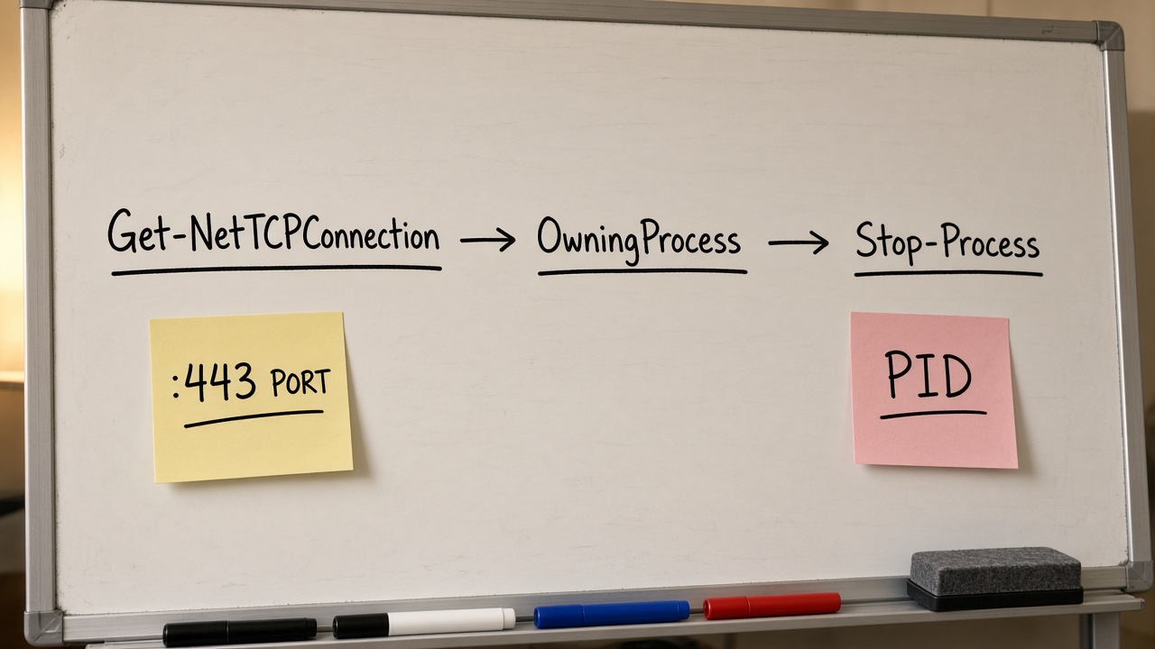 Get-NetTCPConnection تا OwningProcess و Stop-Process