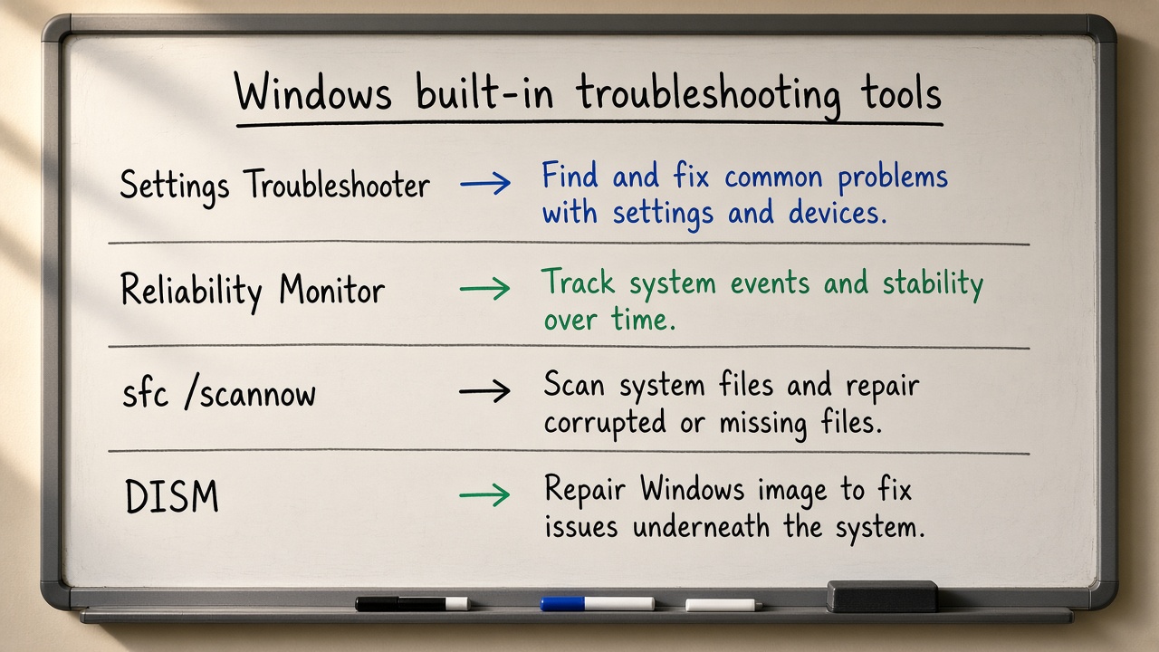 Troubleshoot و Reliability Monitor و sfc و DISM