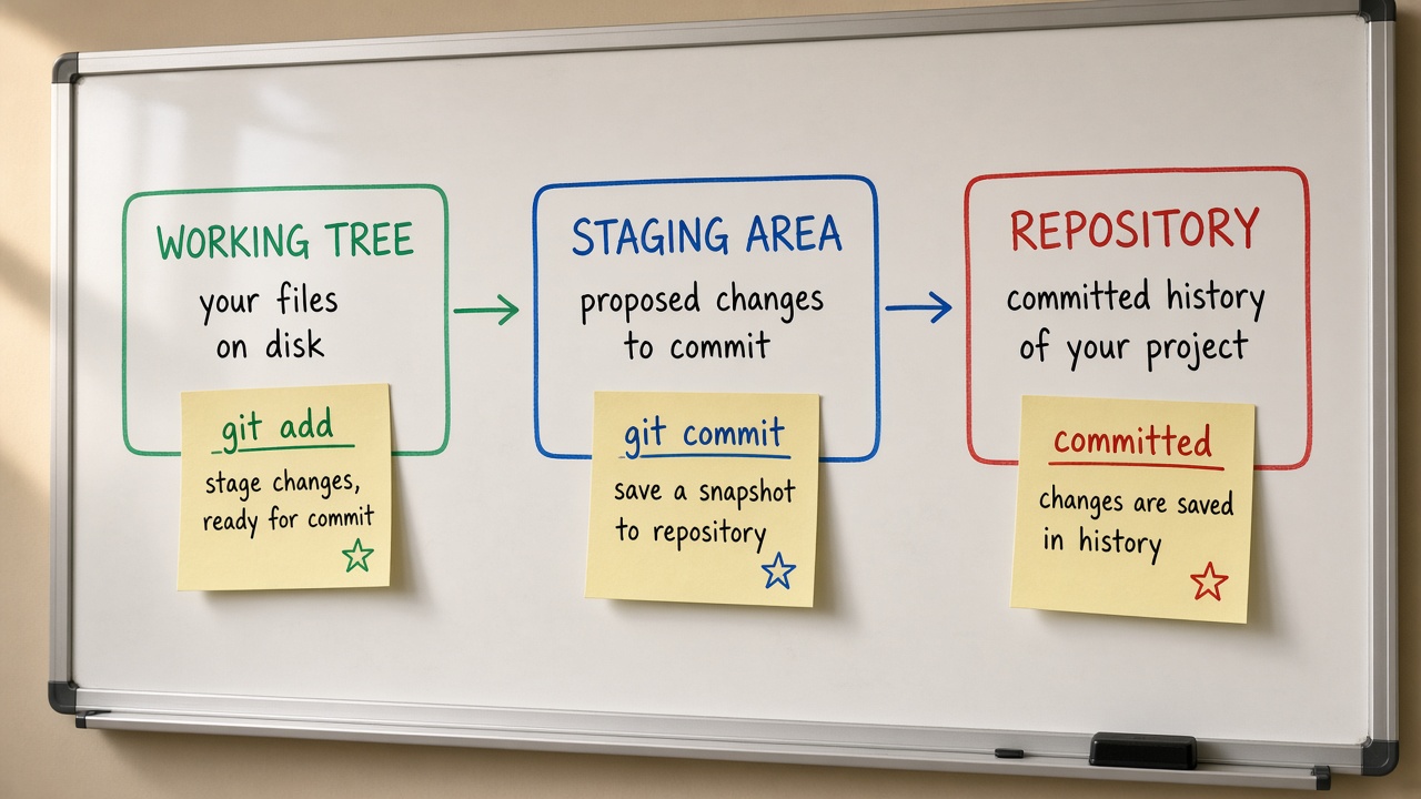 Working Tree تا Staging Area تا Repository با git add و commit