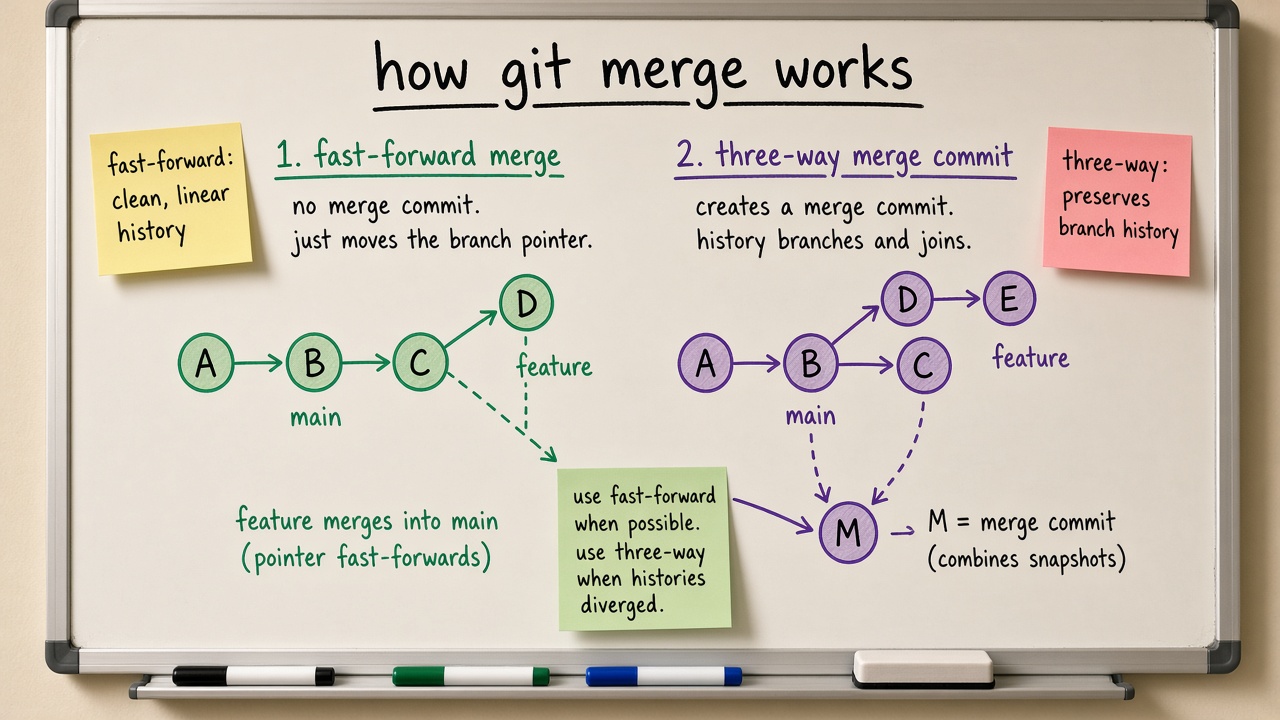 fast-forward در برابر three-way merge