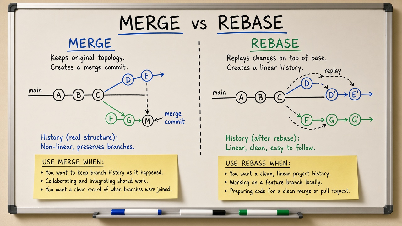 مقایسه توپولوژی merge و تاریخچه خطی rebase